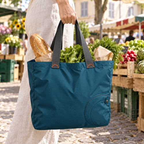 Cabas pliable avec pochette circulaire intégrée