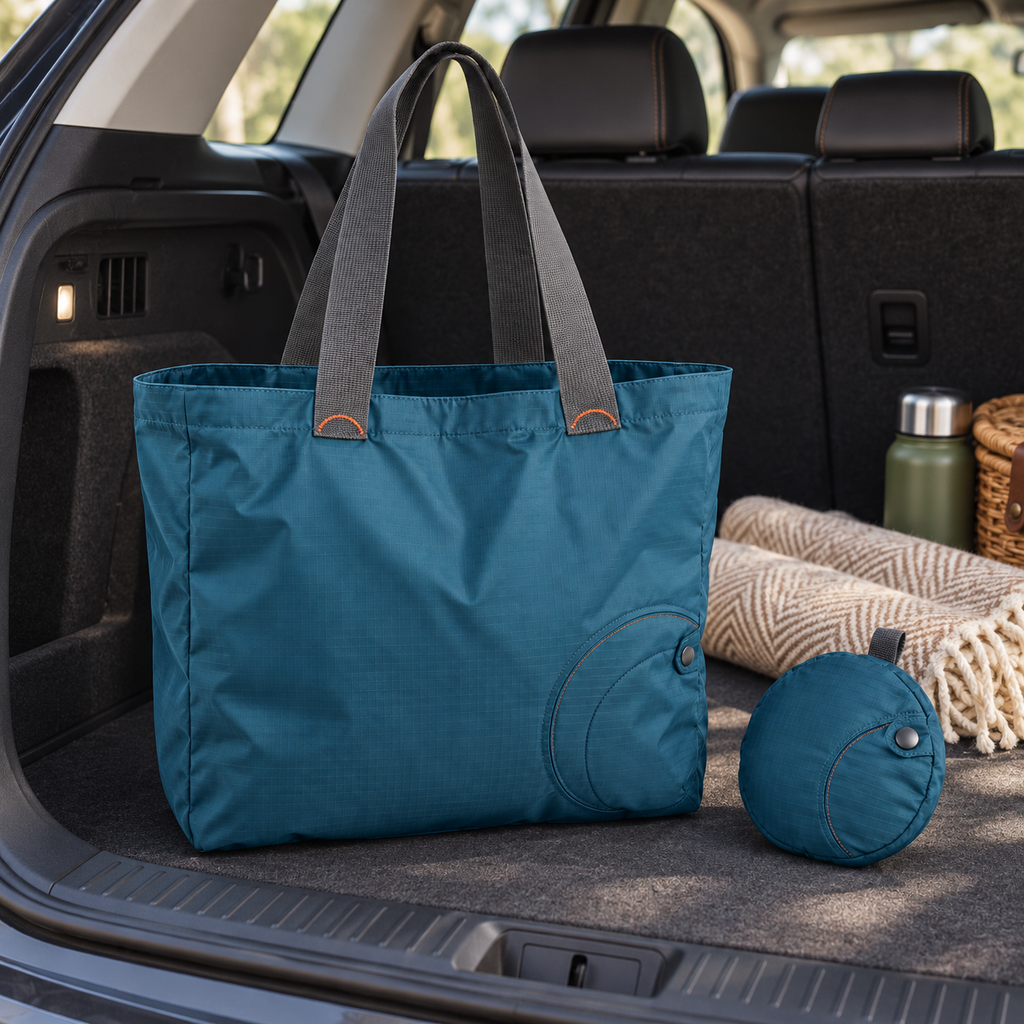 Cabas pliable avec pochette circulaire intégrée