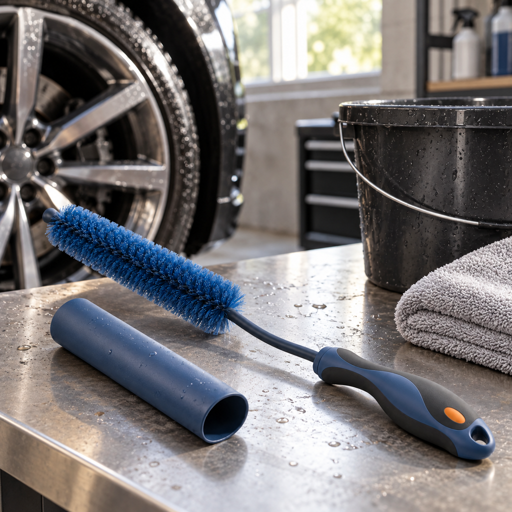 Brosse flexible à double courbure pour roues
