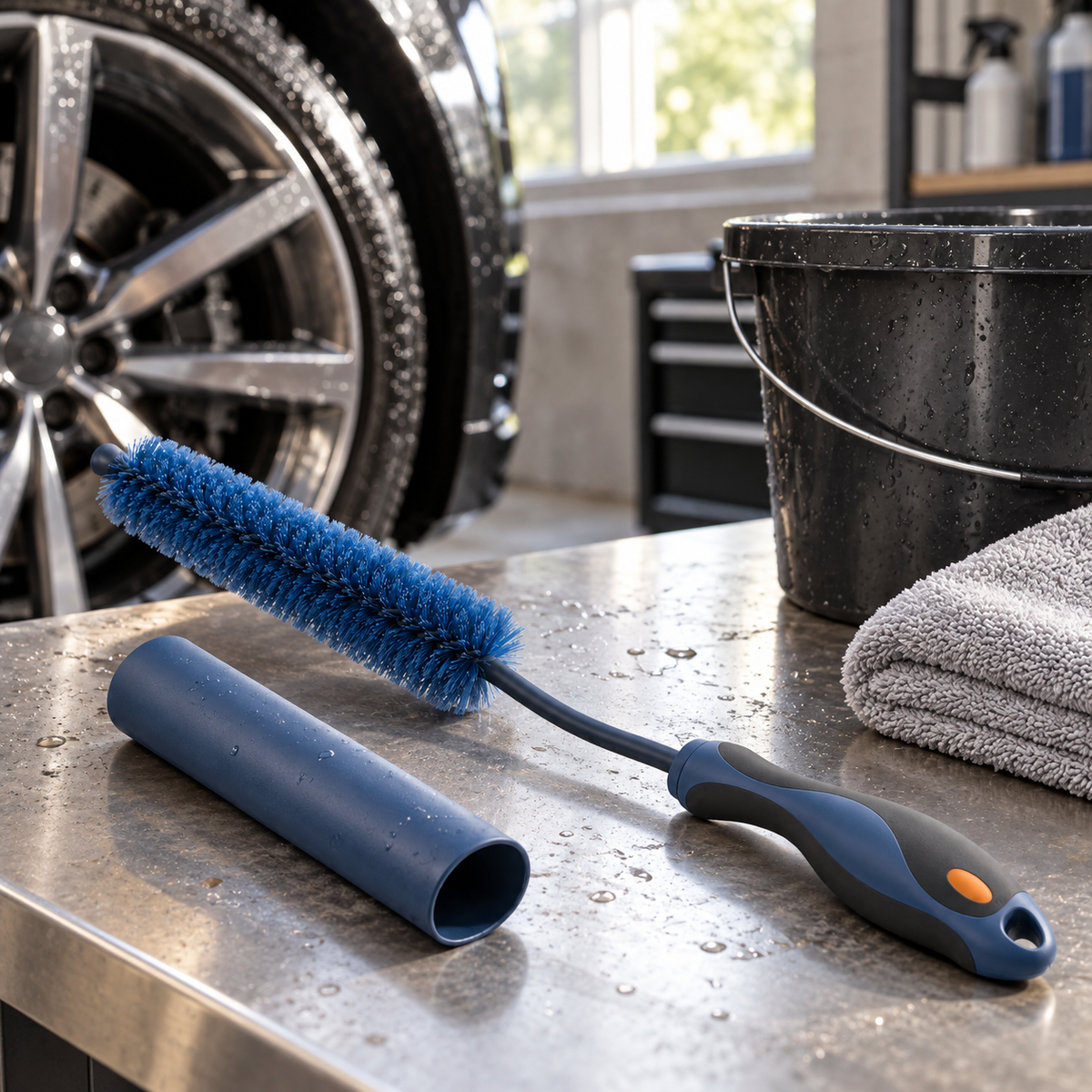 Brosse flexible à double courbure pour roues