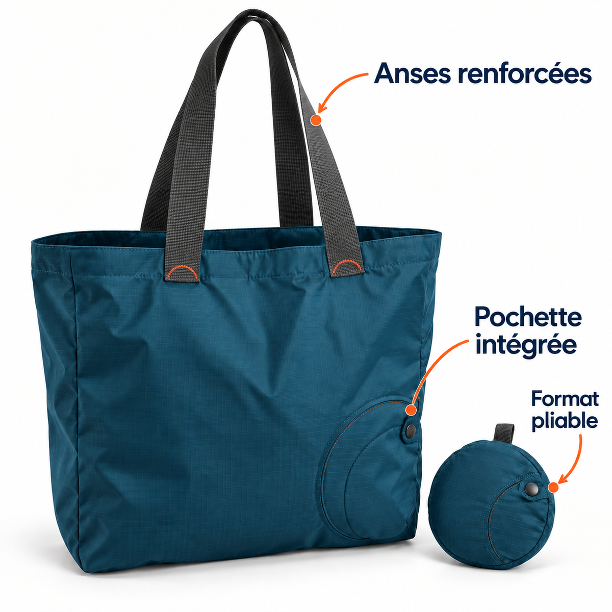 Cabas pliable avec pochette circulaire intégrée