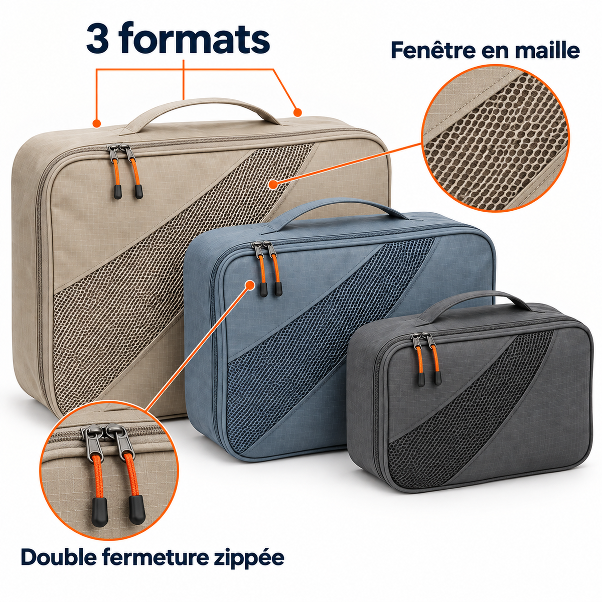 Lot de trois pochettes de rangement pour bagages