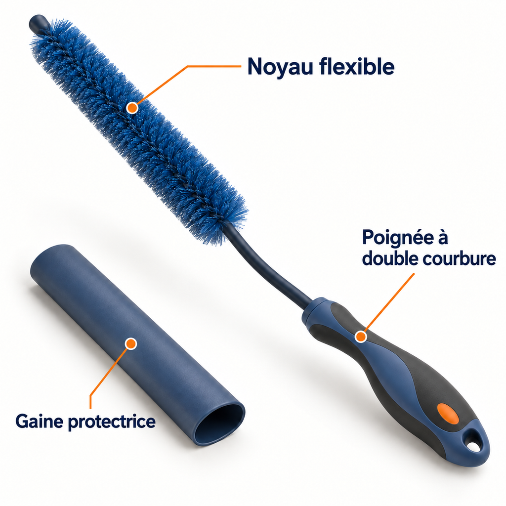 Brosse flexible à double courbure pour roues
